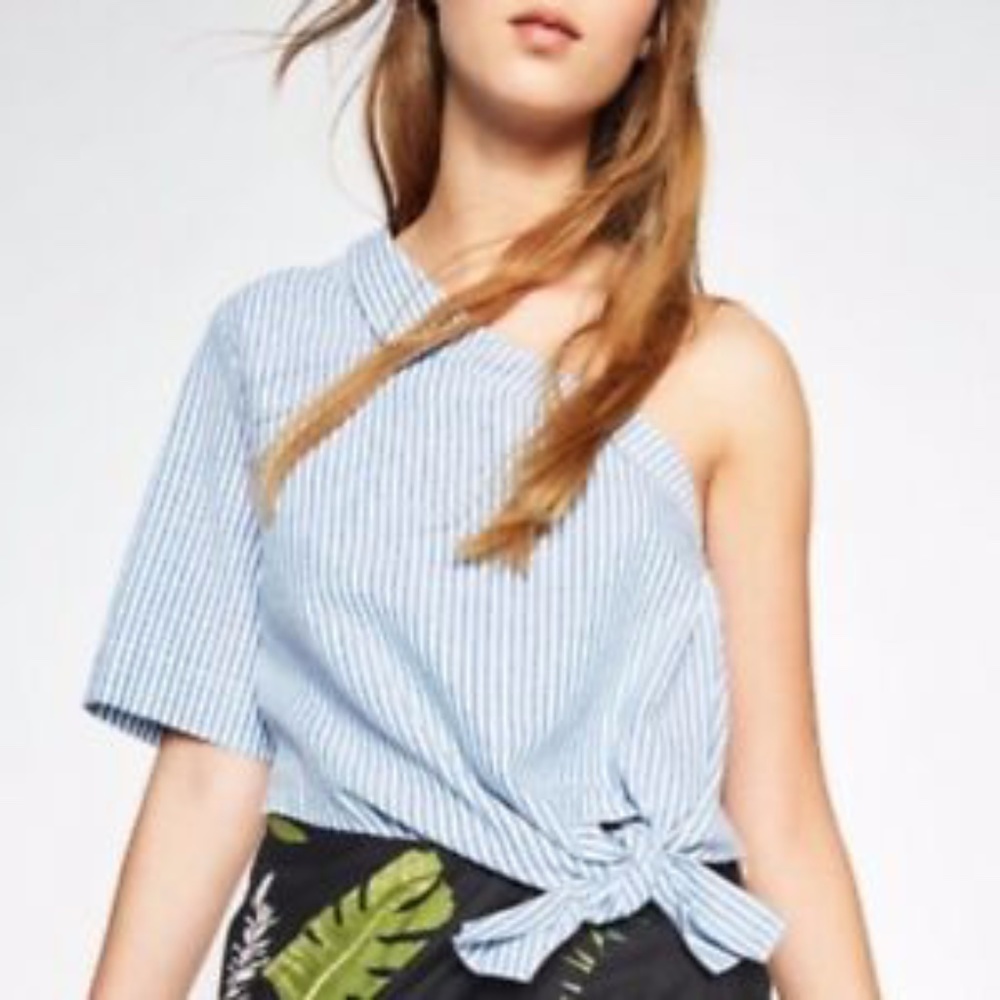 ZARA TRF Blue/White One Shoulder Crop Top